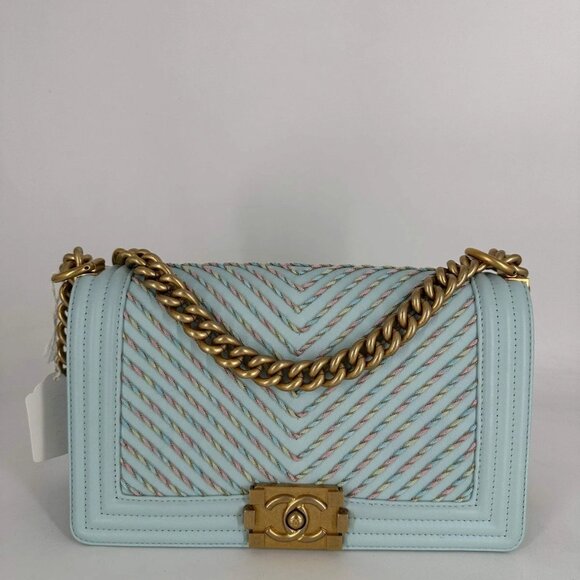 Chanel Calfskin By the Sea Chevron Embroidered Medium Boy Light Blue - Picture 1 of 9